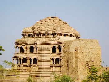 Low angle view of old temple against clear sky
