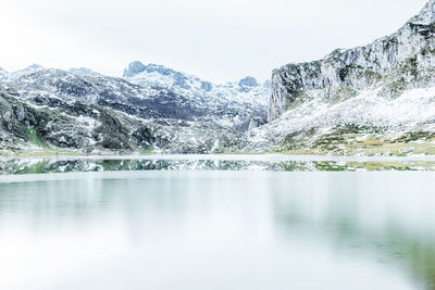 Scenic view of lake against sky during winter