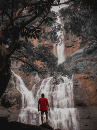 Rear view of man standing against waterfall