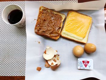 High angle view of breakfast on table