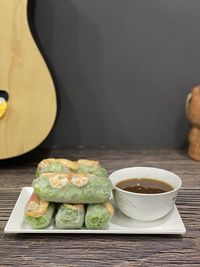 Close-up of food served on table