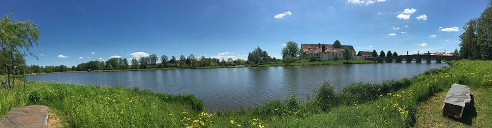 Panoramic view of lake and buildings against sky