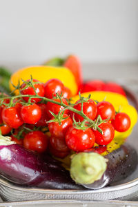 Close-up of wet vegetables on table