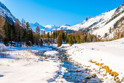 Val roseg, in the engadine, switzerland, photographed on a sunny winter day.