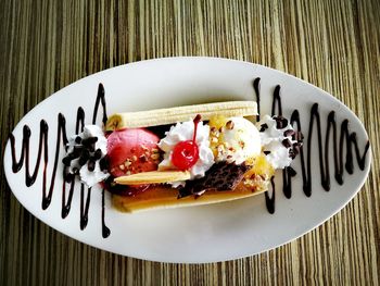 High angle view of food in plate on table