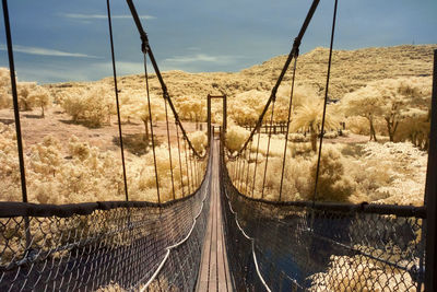 Empty footbridge amidst trees against sky