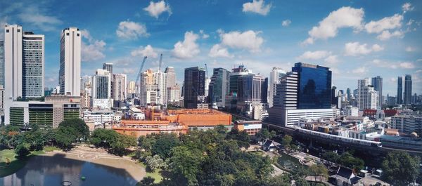 High angle view of buildings against sky