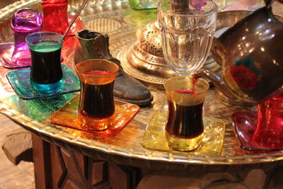 High angle view of beer in glass on table