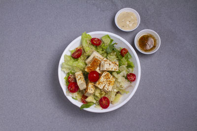 Directly above shot of meal served on table