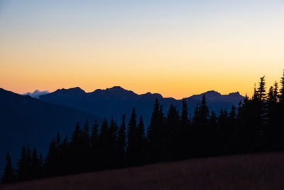 Scenic view of silhouette mountains against sky at sunset