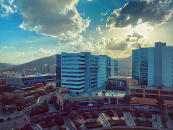 High angle view of buildings against sky