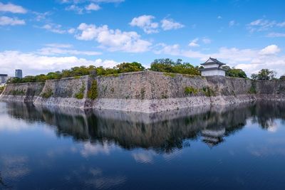 Reflection of building in lake against sky