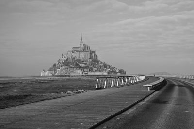 M'ont saint michel normandy, access road. black and white.