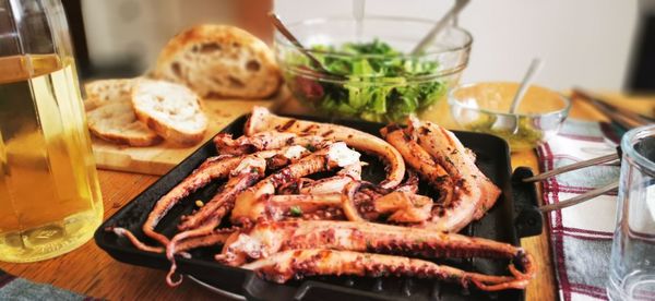 Close-up of seafood served on table