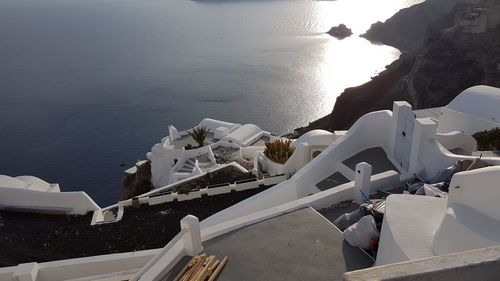 High angle view of houses by sea