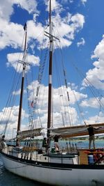 Low angle view of sailboats moored in sea against sky