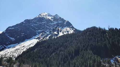 Scenic view of snowcapped mountains against clear sky