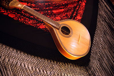 High angle view of mandolin on bed