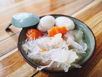 High angle view of vegetables in bowl on table