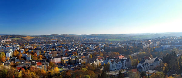 High angle shot of townscape against sky