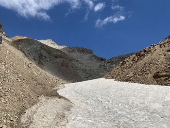 Scenic view of mountains against blue sky