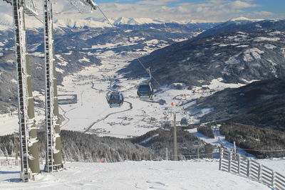 Scenic view of snow covered mountains against sky