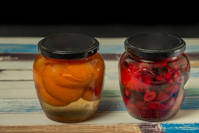 Close-up of drink in glass jar on table