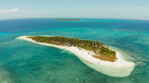 Tropical island canimeran with sandy beach in the blue sea with coral reef, top view. balabac
