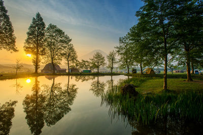 Trees by lake against sky during sunset