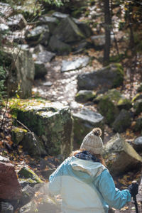 Rear view of woman on rock in forest