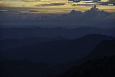 Scenic view of silhouette mountains against sky at sunset