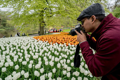 Man photographing tulips from camera at park