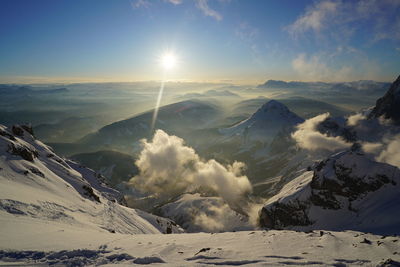 Scenic view of mountains against sky during sunset