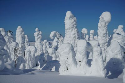 Snow covered landscape against clear blue sky