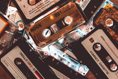 High angle view of audio cassettes on table