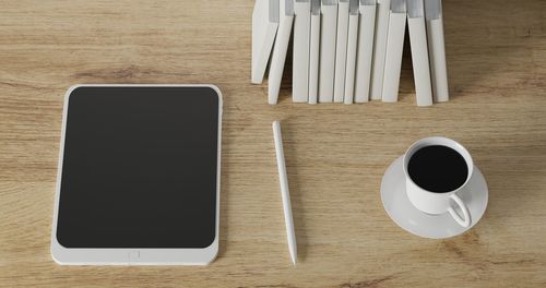 High angle view of coffee cup on table