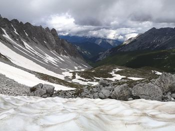 Scenic view of snowcapped mountains against sky at karwendel national park, austria