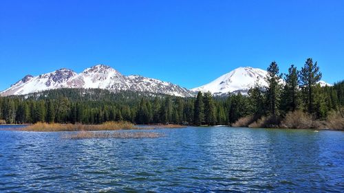 Scenic view of calm lake against clear blue sky