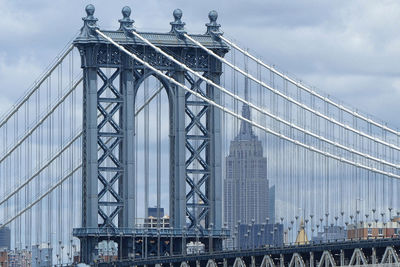 Low angle view of suspension bridge against sky