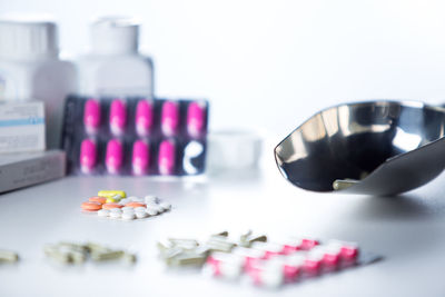 Close-up of pills on table against white background