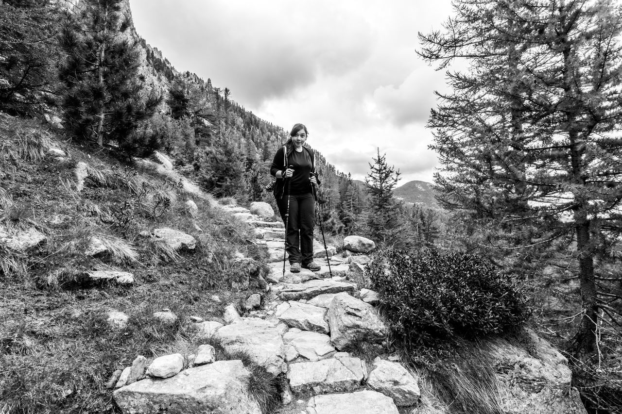 activity, tree, hiking, nature, leisure activity, adventure, plant, one person, adult, full length, lifestyles, sky, black and white, backpack, walking, land, mountain, men, cloud, forest, beauty in nature, monochrome photography, non-urban scene, rock, monochrome, wilderness, exploration, travel, scenics - nature, person, day, ridge, rear view, outdoors, vacation, trip, environment, landscape, holiday, sports, footpath, recreation, extreme terrain, remote, tranquil scene, travel destinations