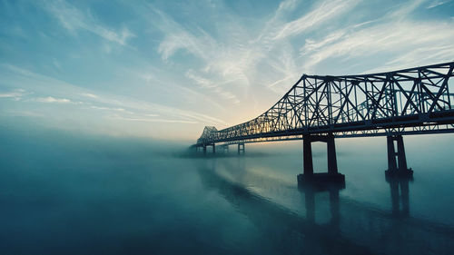 Silhouette bridge over river against sky during sunset