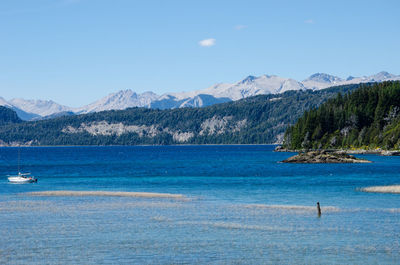 Scenic view of sea against clear blue sky