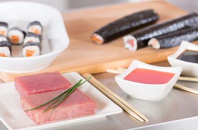 High angle view of seafood on table