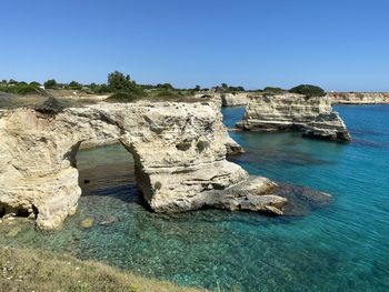 Scenic view of sea against clear blue sky