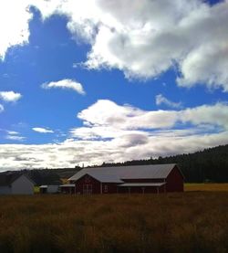 Houses on field against sky