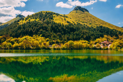 Scenic view of lake by trees against sky