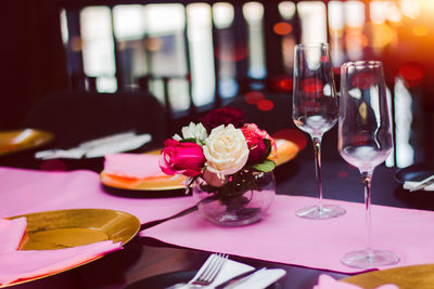 View of wine glasses on table