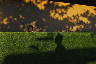 Shadow of man on grassy field