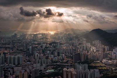 Aerial view of city during sunset